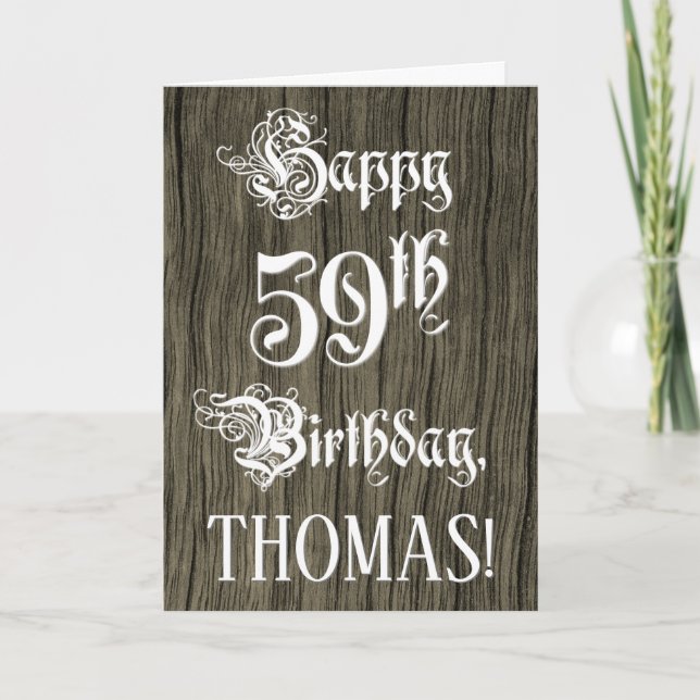 59th Birthday: Fancy, Elegant Text; Faux Wood Look Card (Front)