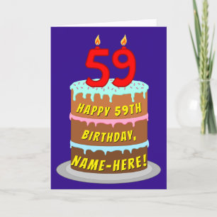 59th Birthday: Fun Cake and Candles + Custom Name Card