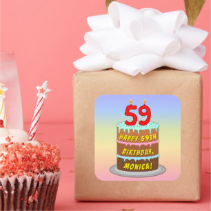 59th Birthday: Fun Cake and Candles + Custom Name Square Sticker