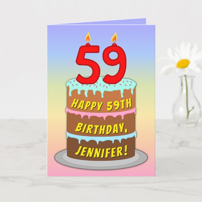 59th Birthday — Fun Cake & Candles, w/ Custom Name Card (Small Plant)