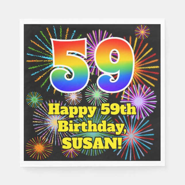 59th Birthday: Fun Fireworks Pattern + Rainbow 59 Napkin (Front)