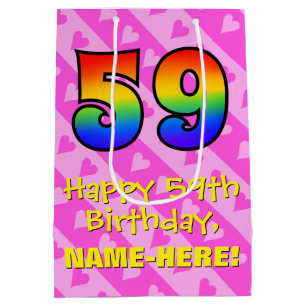 59th Birthday: Fun Pink Hearts Stripes; Rainbow 59 Medium Gift Bag
