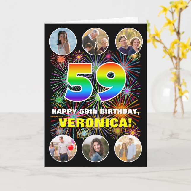 59th Birthday: Fun Rainbow #, Custom Name & Photos Card (Yellow Flower)