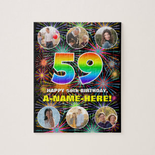 59th Birthday: Fun Rainbow #, Custom Name + Photos Jigsaw Puzzle