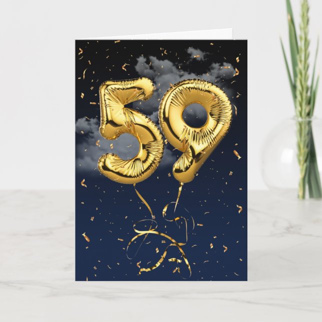 59th Birthday Gold Mylar Balloon and Confetti Card (Front)