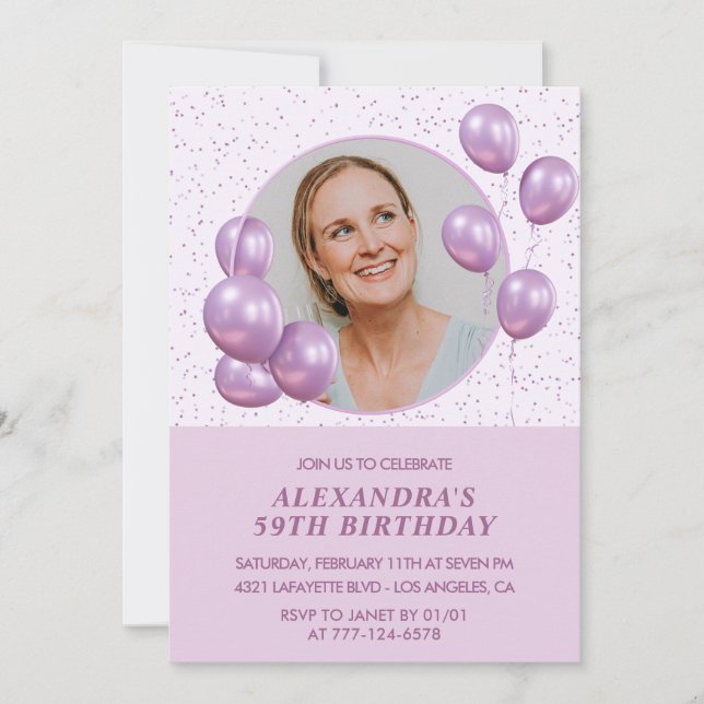 59th birthday invitations Balloons Photo Purple (Front)