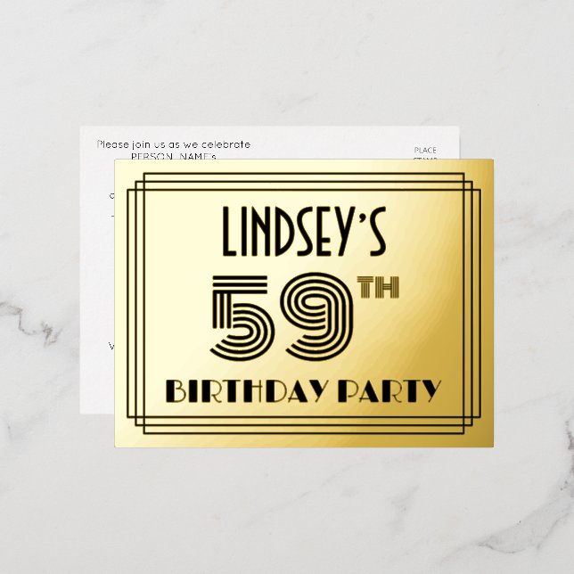 59th Birthday Party ~ Art Deco Style “59” + Name Foil Invitation Postcard (Front/Back)