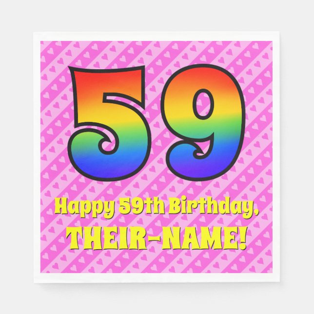 59th Birthday: Pink Stripes & Hearts, Rainbow # 59 Napkin (Front)