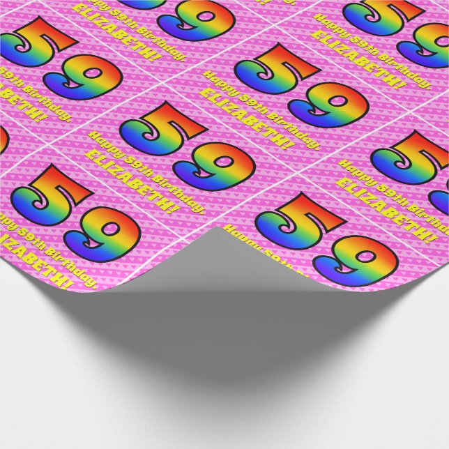 59th Birthday: Pink Stripes & Hearts, Rainbow # 59 Wrapping Paper (Corner)