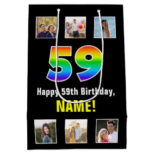 59th Birthday: Rainbow “59“, Custom Photos & Name Medium Gift Bag
