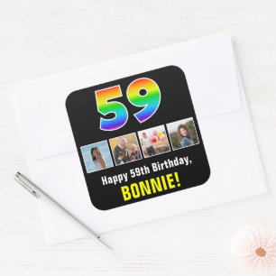 59th Birthday: Rainbow “59”; Custom Photos & Name Square Sticker