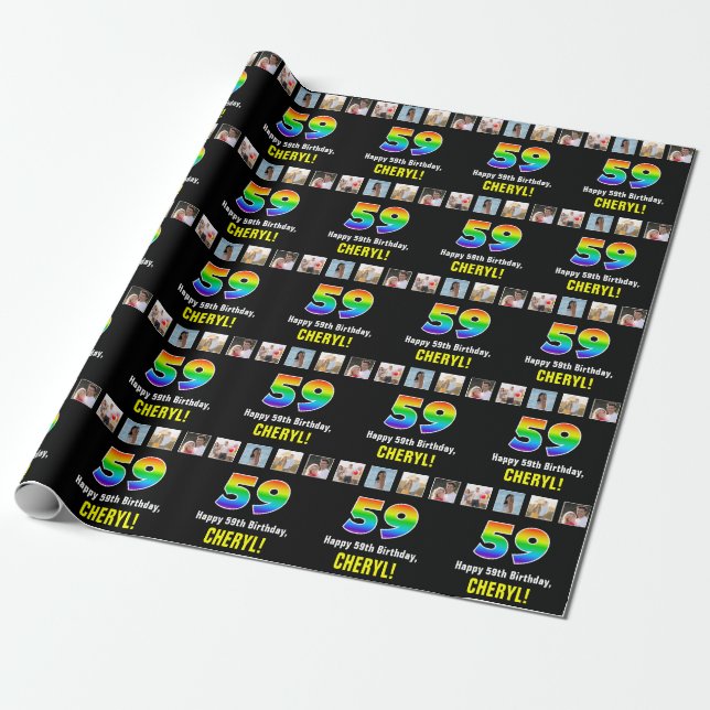 59th Birthday: Rainbow “59“; Custom Photos & Name Wrapping Paper (Unrolled)