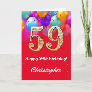 59th Birthday Red and Gold Colourful Balloons Card