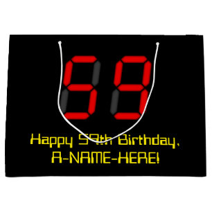 59th Birthday: Red Digital Clock Style "59" + Name Large Gift Bag