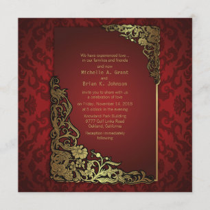 5.25x5.25" Damask Luxury Golden Red Wedding Invite
