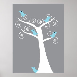 5 Blue Birds in a Tree (Grey Background) Print