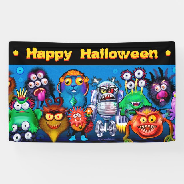 5' by 3' vinyl Halloween banner with monsters. (Horizontal)