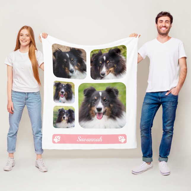 5 Custom Photos Collage Template With Name On Pink Fleece Blanket (In Situ)