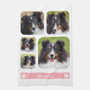 5 Custom Photos Collage Template With Name On Pink Tea Towel