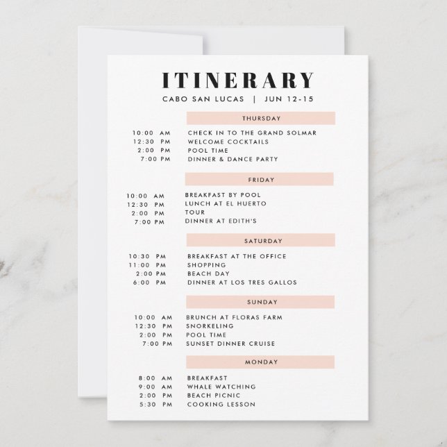 5 Day Simple Blush Itinerary Invitation (Front)