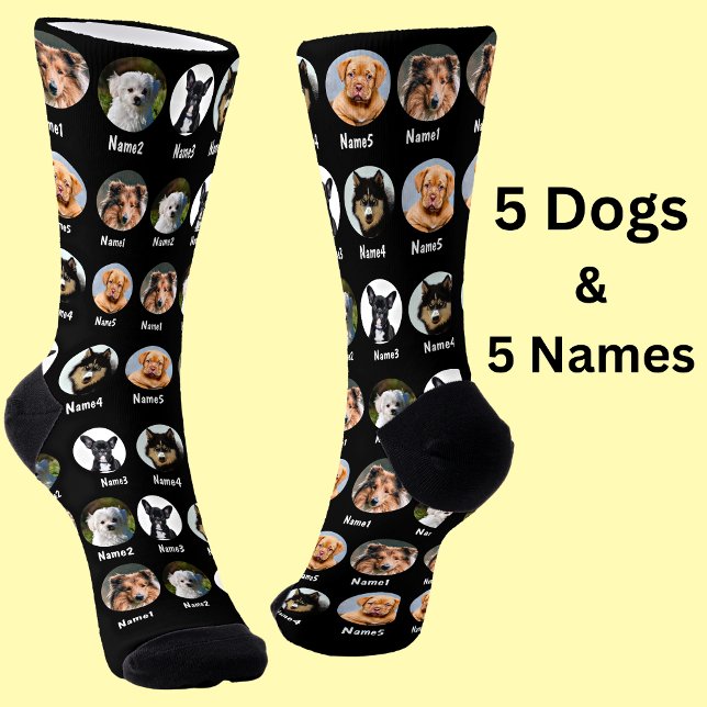 5 Dogs, 5 Names, Dog Photo - Personalised Black Socks (Creator Uploaded)