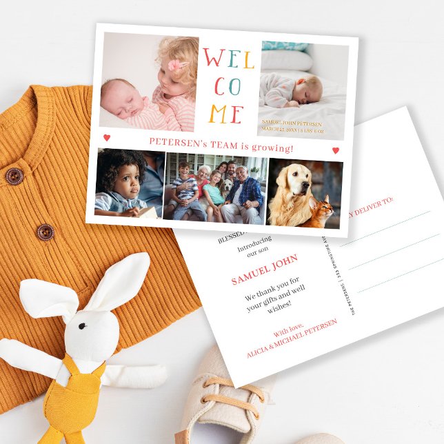 5 family photo collage WELCOME new baby birth Announcement Postcard (Creator Uploaded)