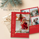 5 family photos Merry Christmas red gold Foil Holiday Card<br><div class="desc">Modern simple minimalist luxury elegant custom Merry Christmas keepsake holiday card template with real gold foil typography,  five photo collage,  family name,  and your text. Easy to personalise on both sides!</div>