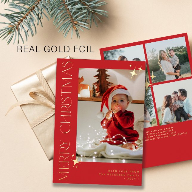 5 family photos Merry Christmas red gold Foil Holiday Card (Creator Uploaded)