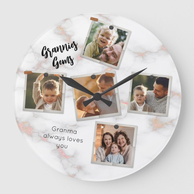 5 Five Photo Modern Elegant Collage Family Love Large Clock (Front)