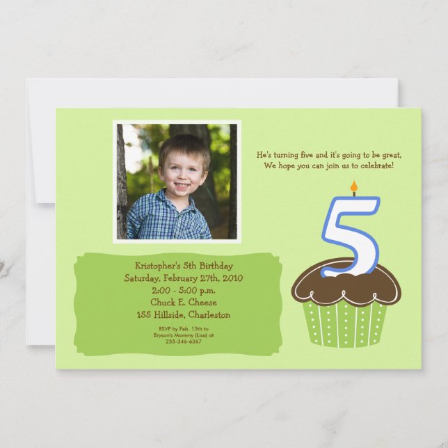5 FIVE year old CUPCAKE PHOTO BIRTHDAY INVITE (Front)
