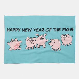 5 Funny Cartoon Illustration Pig custom Year KT Tea Towel