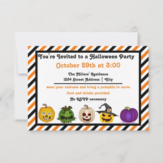 5 Jack o Lanterns - 3x5 Halloween Party Invitation (Front)