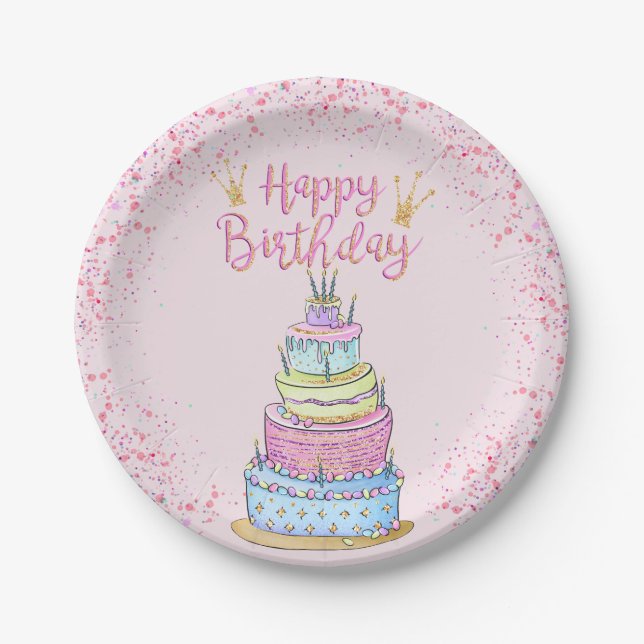 5 Layer Modern Girly Birthday Cake and Confetti Paper Plate (Front)