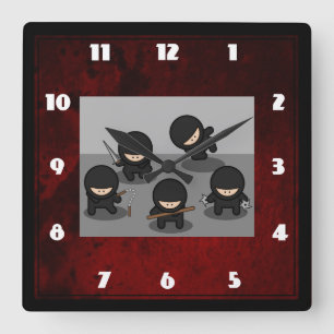 5 Little ninjas posing with weapons Square Wall Clock