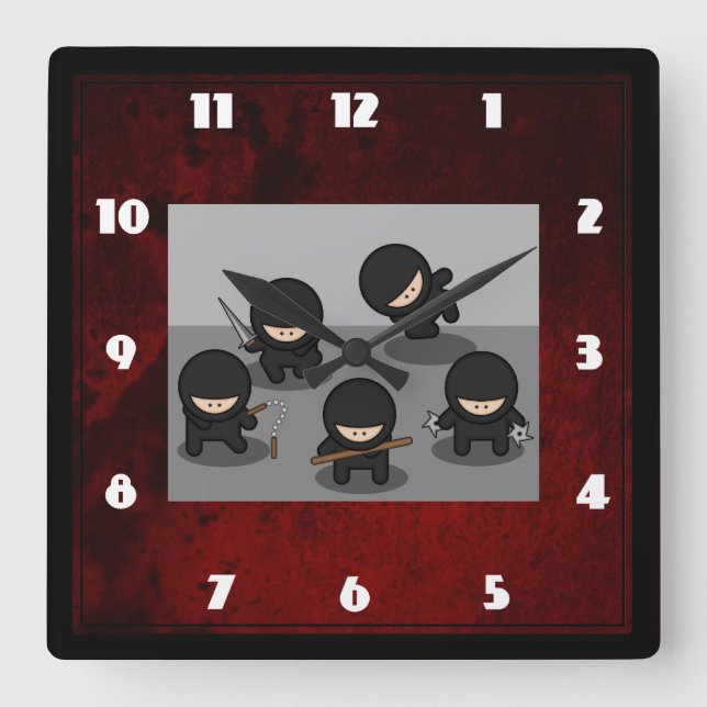 5 Little ninjas posing with weapons Square Wall Clock (Front)