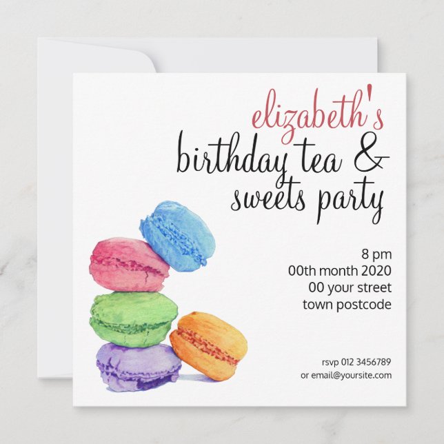 5 Macarons customisable Birthday Invitation (Front)