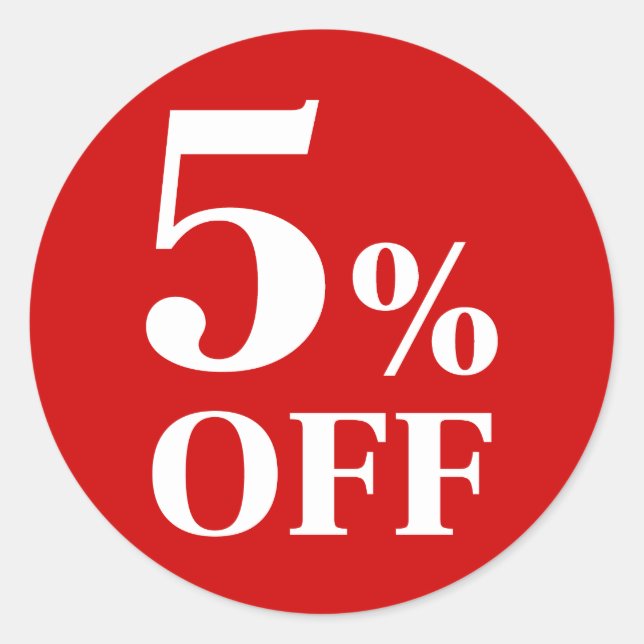 5% OFF Red Background Classic Round Sticker (Front)