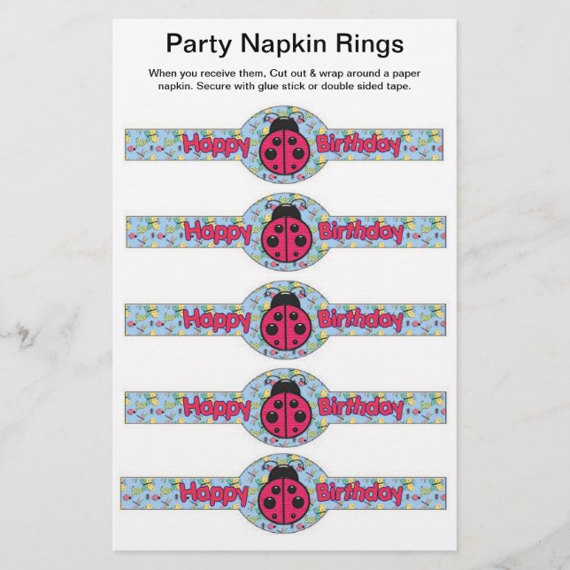 5 per sheet Lady Bug Birthday Paper Napkin Rings (Front)