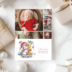 5 Photo 1st Baby Christmas Pink Gold Unicorn Holiday Card