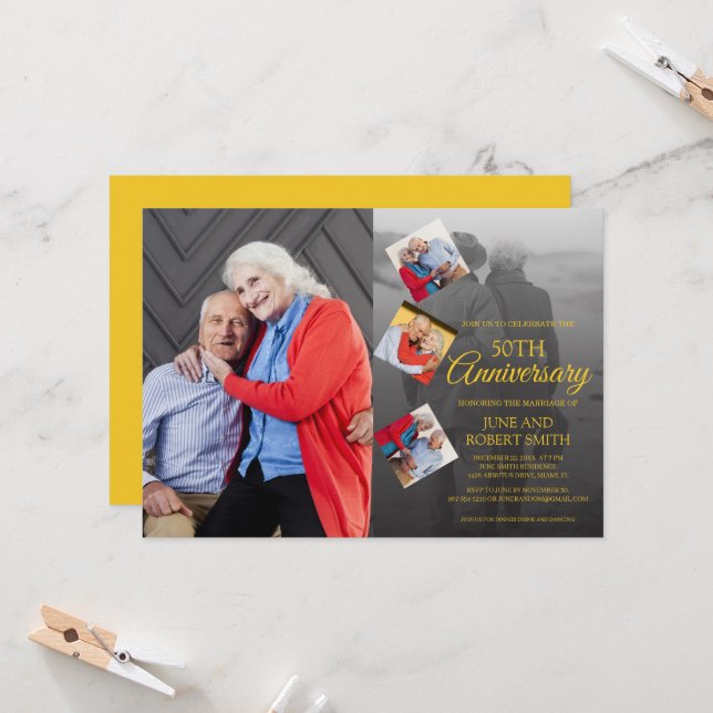 5 photo 50th golden wedding anniversary invitation (Front/Back In Situ)