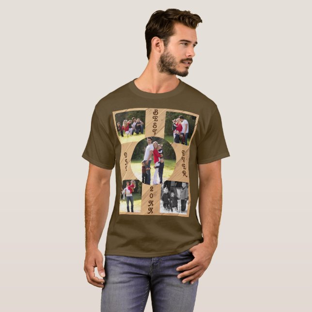 5 Photo Best Dad Ever 20XX Wood Grain Diagonal T-Shirt (Front Full)