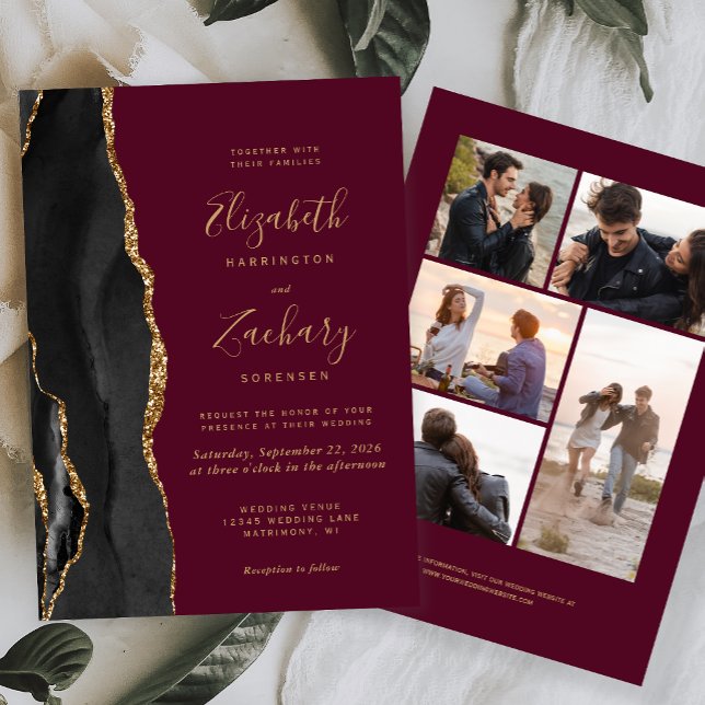 5-Photo Black Gold Agate Burgundy Wedding Invitation (Creator Uploaded)