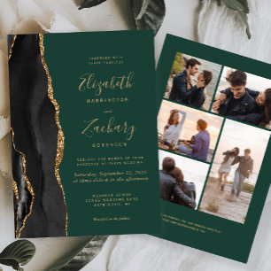 5-Photo Black Gold Agate Dark Green Wedding Invitation