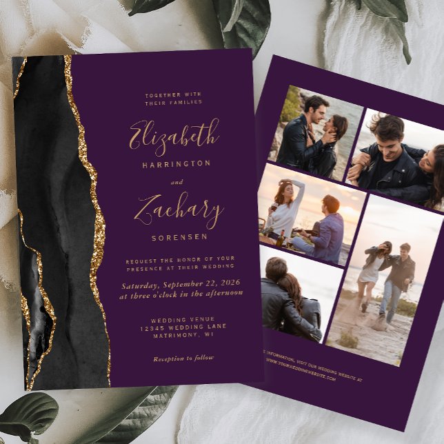 5-Photo Black Gold Agate Purple Wedding Invitation (Creator Uploaded)