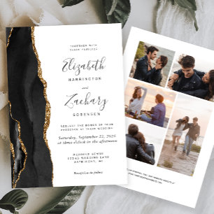 5-Photo Black Gold Agate White Wedding Invitation
