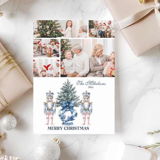 5 Photo Blue Chinoiserie Nutcracker Christmas Holiday Card (Creator Uploaded)
