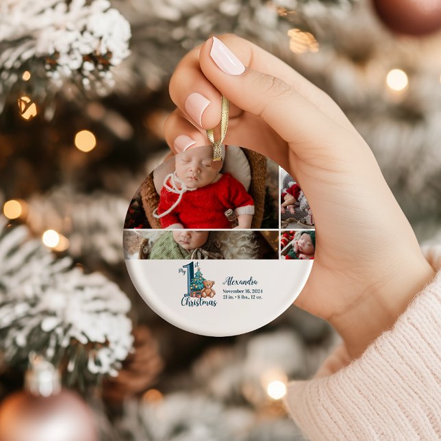 5 Photo Blue Teddy Baby 1st Christmas Ceramic Ornament (Creator Uploaded)