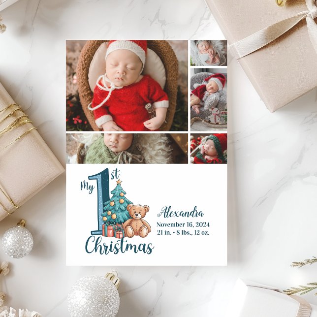 5 Photo Blue Teddy Baby 1st Christmas Holiday Card (Creator Uploaded)