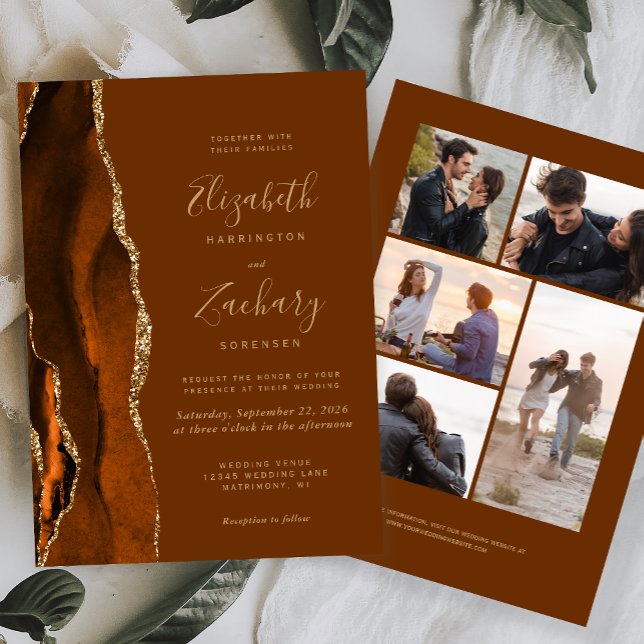 5-Photo Burnt Orange Agate Nutmeg Brown Wedding Invitation (Creator Uploaded)