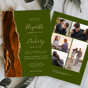 5-Photo Burnt Orange Agate Olive Green Wedding Invitation